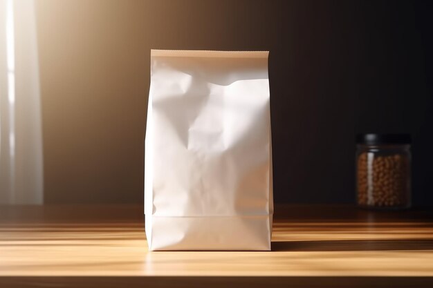 Mockup d'un sac à café en papier blanc sur une table en bois