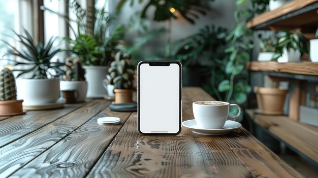 Photo mockup de smartphone avec écran vide avec espace de copie sur une table dans un café confortable écran blanc blanc pour le texte conception et publicité d'applications mobiles banner de marketing en ligne voir moins