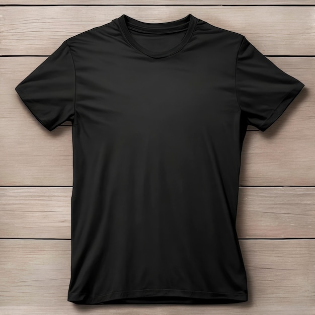 Mockup de T-shirt noir isolé sur un fond en bois AI génératif