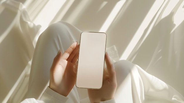 Mockup d'un téléphone portable avec un écran d'espace de copie vide dans la main féminine Vue supérieure plate générative AI