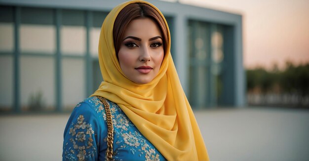 Photo mode arabe à la mode tenue de hijab colorée dans une séance photo dynamique