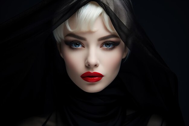 Mode et beauté féminine discrète Portrait d'une jeune femme blonde élégante et sérieuse avec une coupe de cheveux courte et un rouge à lèvres rouge dans un voile noir regardant la caméra