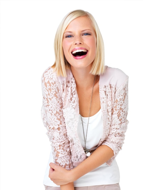 Mode beauté sourire et visage de femme sur fond blanc avec des vêtements élégants à la mode et glamour Bonheur rire et belle fille isolée en studio avec une attitude heureuse confiante et excitée