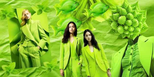 Mode couleurs esthétiques moodboard Collage de coupures de magazines faits à la main Inspiration pour les blogueurs de mode artistes designers La couleur de la saison est le vert