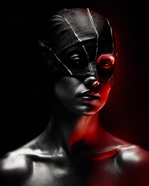 Une mode femme aux yeux bandés portant un masque en cuir noir comme un héros avec un fond rouge foncé