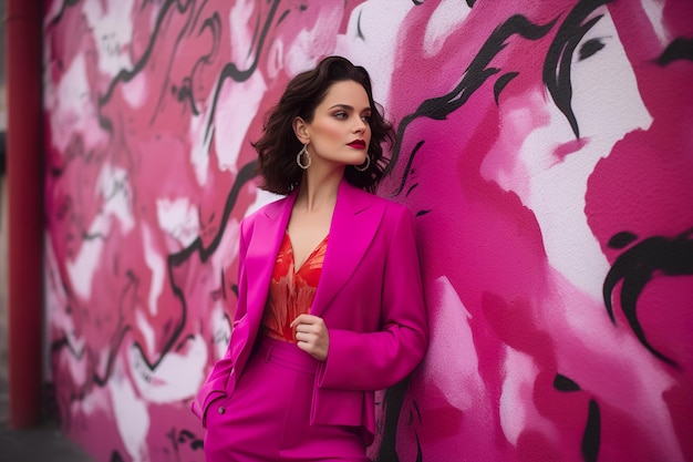 Mode femme élégante habillée dans des couleurs magenta viva à la mode avec ai générative graffiti rose rue
