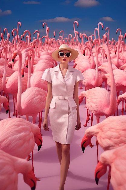 mode femme en rose marchant au milieu de flamants roses Generative AI