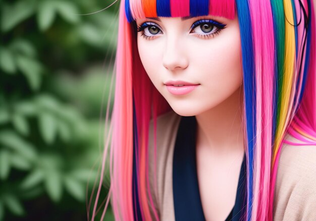 Photo mode portrait d'une belle femme aux cheveux multicolores