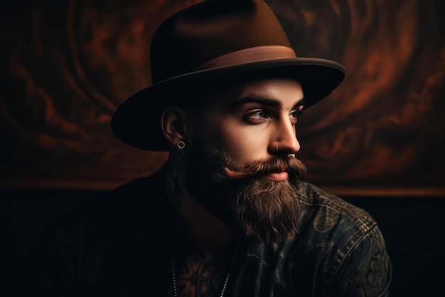 Mode portrait de jeune homme barbu souriant garçon hipster bel homme au chapeau garçon barbu brutal avec