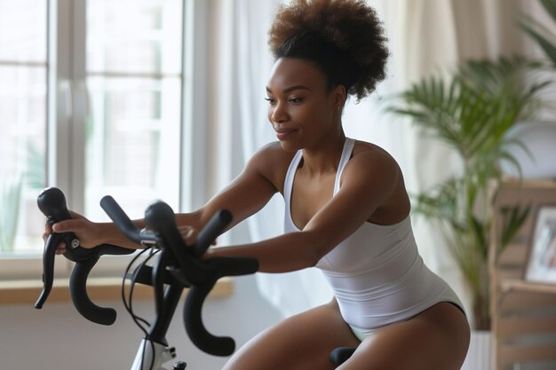 Mode de vie actif Belles femmes qui restent en forme avec des séances de gymnastique à domicile, du vélo et du tapis roulant