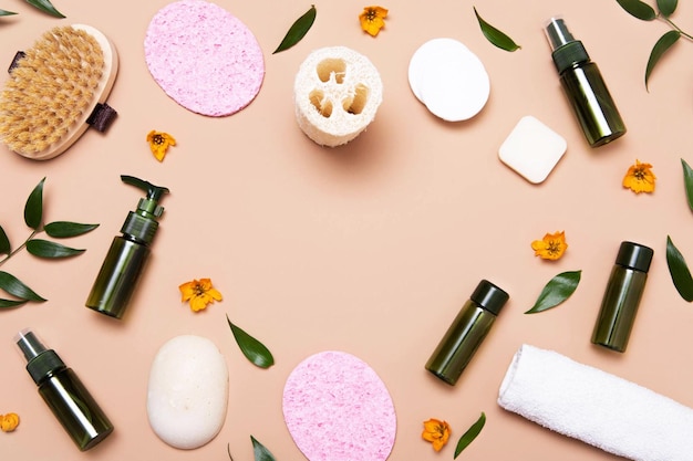 Mode de vie sain Cosmétiques biologiques Arrière-plan de la nature Placement plat Vue supérieure