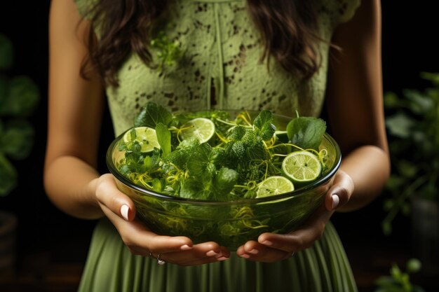 Un mode de vie sain Une femme en vert avec un plateau de légumes mangeant sainement