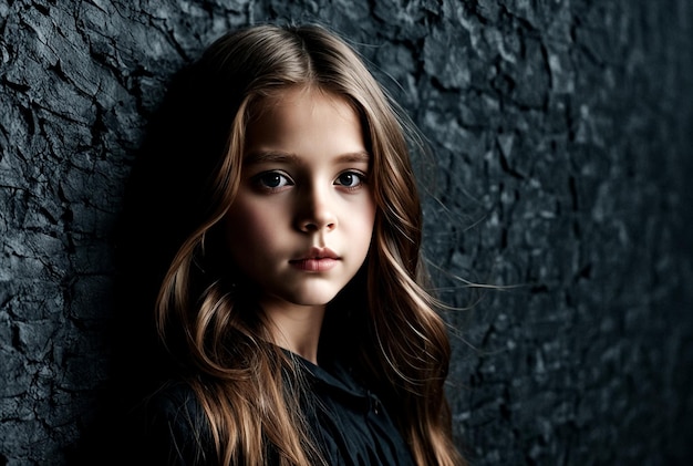 Model enfant mignon avec les cheveux longs soufflant dans le vent au mur de texture sombre regardant la caméra Cover enfant gi