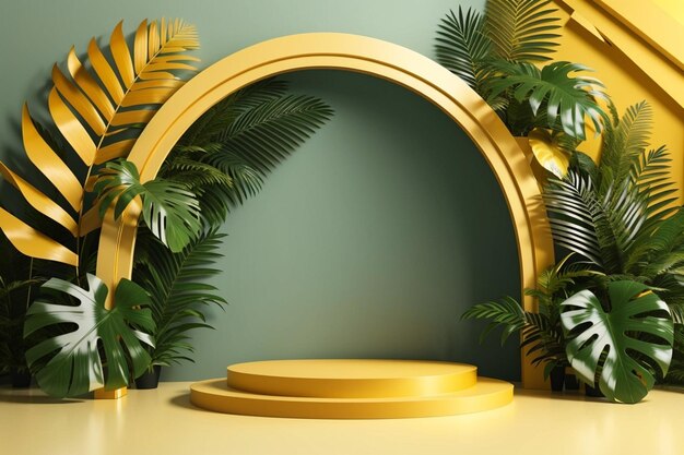 Photo modèle 3d d'affichage d'arrière-plan du produit du podium avec des feuilles de palmier tropical