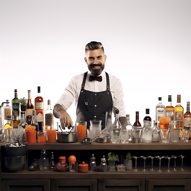 Modèle 3D d'un barman vêtu d'un uniforme ou d'un tablier mélangeant habilement le retournement des personnages sur un BG blanc