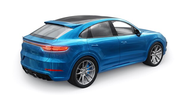 Modèle 3d bleu d'un SUV sportif dans une carrosserie de coupé sur fond blanc rendu 3d