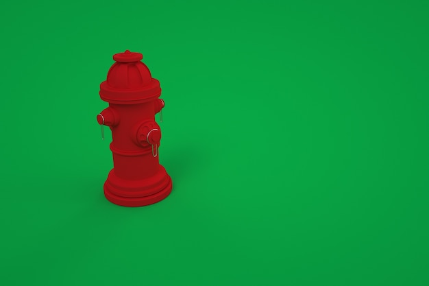 Modèle 3D d'une bouche d'incendie. Bouche d'incendie rouge, extincteur. Fond de couleur, infographie. Instrument de feu rouge sur fond vert isolé.
