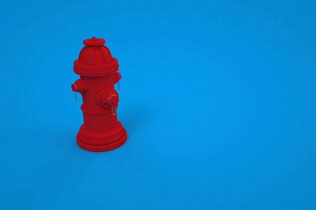 Modèle 3D d'une bouche d'incendie sur un fond coloré. Bouche d'incendie, extincteur. Instrument de feu rouge sur fond bleu isolé