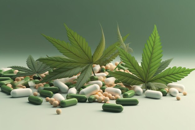 Un modèle 3d de cannabis et de capsules