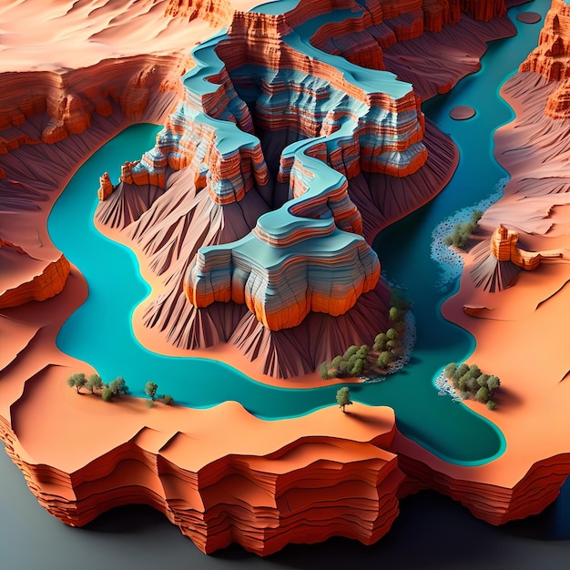 Un modèle 3d d'un canyon avec une rivière bleue au milieu.