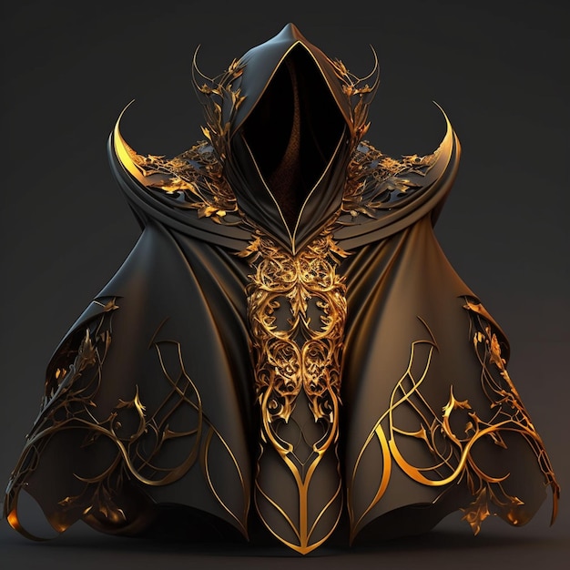 Un modèle 3d d'une cape noire et dorée avec un motif doré dessus.