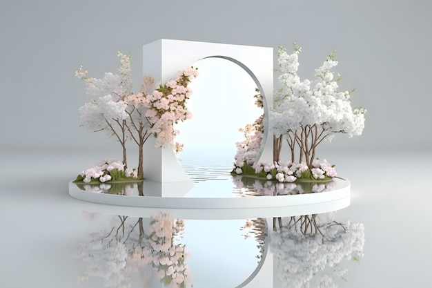 Un modèle 3d d'un cercle avec des arbres et des fleurs.