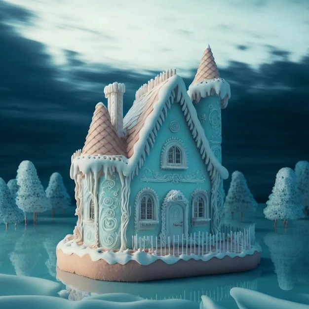 Un modèle 3d d'un château avec de la neige au sommet.