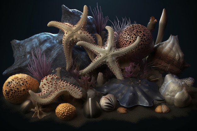 Un modèle 3d d'un coquillage et d'une étoile de mer.