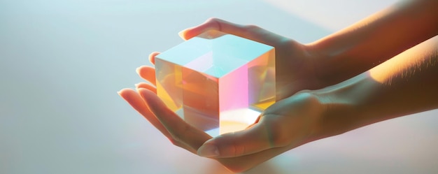 Photo modèle 3d d'un cube sur une main sur un fond blanc