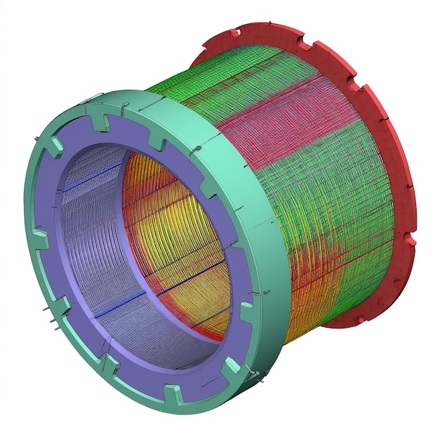 Un modèle 3d d'un cylindre enroulé de fil avec un jeu de couleurs vert et rouge.