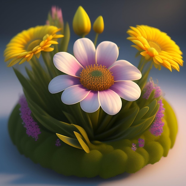 Un modèle 3D d'une fleur avec un centre rose et une marguerite blanche au milieu.