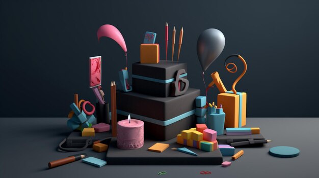 Un modèle 3d d'un gâteau d'anniversaire avec un numéro 6 dessus.