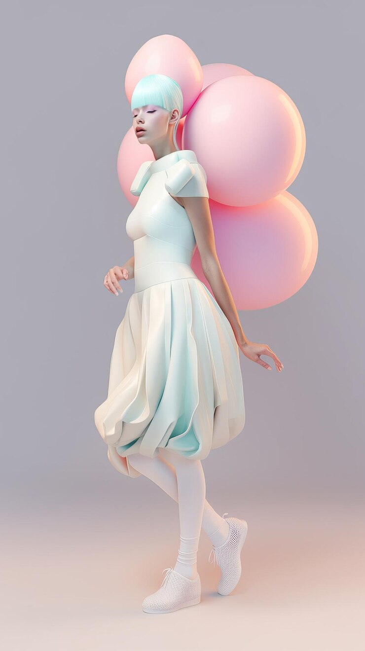 Photo modèle 3d gonflé ultra doux rendu 3d robe de ballon blanc à la mode ia générative