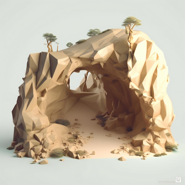 Un modèle 3d d'une grotte avec des arbres dessus.