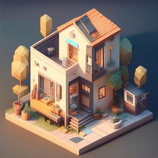 Un modèle 3d d'une maison avec un chat sur le toit.