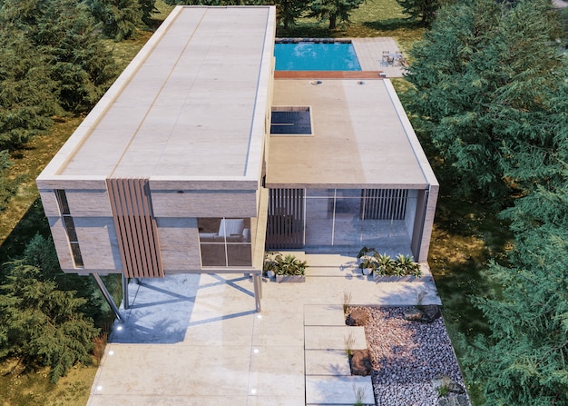 Photo modèle 3d de maison avec piscine à angle élevé