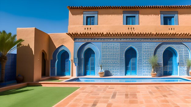 Un modèle 3d d'une maison avec une piscine et un fond de ciel bleu