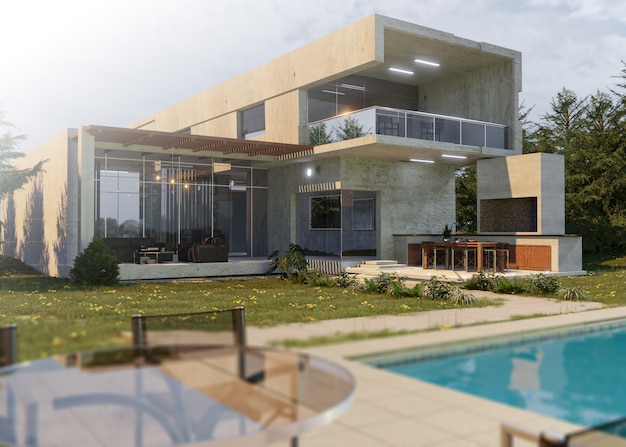 Photo modèle 3d de maison avec piscine