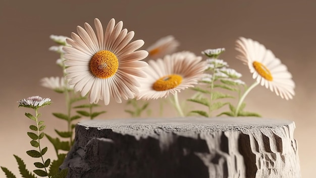 Un modèle 3d de marguerites est affiché sur un rocher.