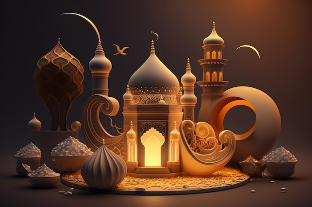 Un modèle 3d d'une mosquée et d'autres objets