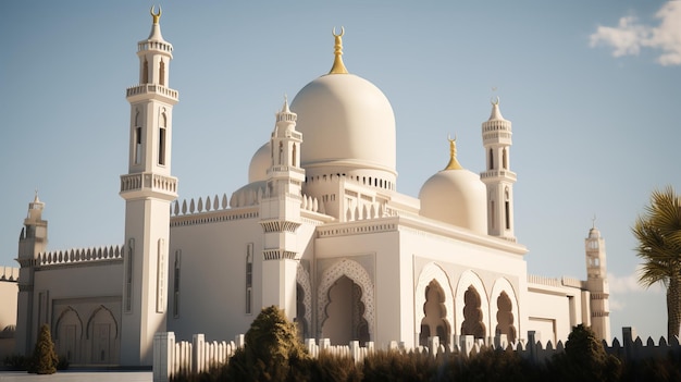 Un modèle 3d d'une mosquée blanche avec un ciel bleu en arrière-plan.