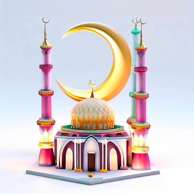 Un modèle 3d d'une mosquée avec un croissant de lune au sommet.