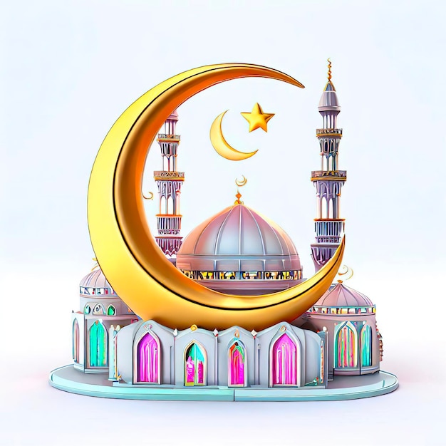 Un modèle 3d d'une mosquée avec un croissant de lune et le mot eid dessus.