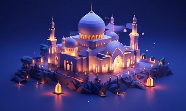 un modèle 3D d'une mosquée avec un fond bleu