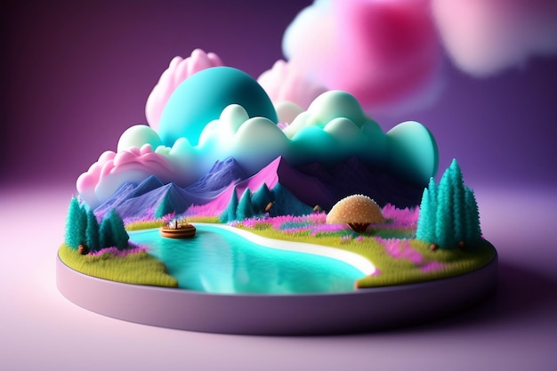 Un modèle 3d d'un paysage avec des montagnes et des nuages.