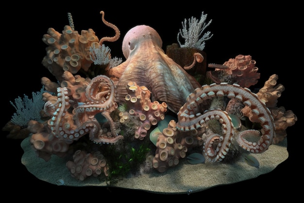 Un modèle 3d d'une pieuvre entourée d'autres pieuvres.