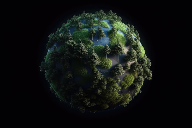 Un modèle 3D d'une planète avec une forêt dessus