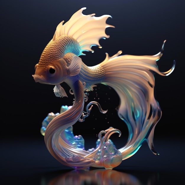 Un modèle 3D d'un poisson rouge avec une queue bleue.