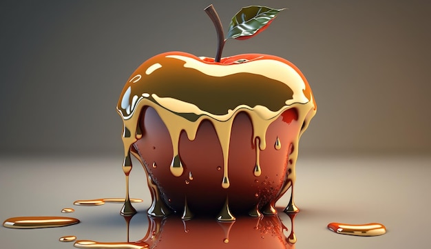 Un modèle 3D d'une pomme avec du caramel dégoulinant sur le côté.