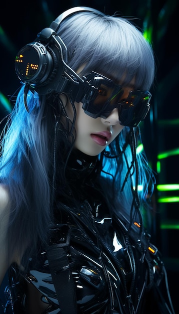 Modèle 3D réaliste du beau cyborg dans des lunettes Cyberpunk futuristes Cyberpunk Woman Ai généré